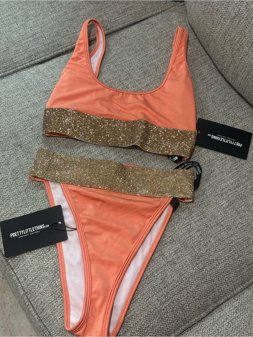 PRETTYLITTLETHING Coral Bikini with Gold Glitter Bands
